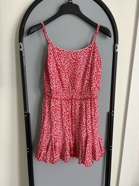 Aakaa Red Floral Spaghetti Strap Mini Dress with Ruffle Hem